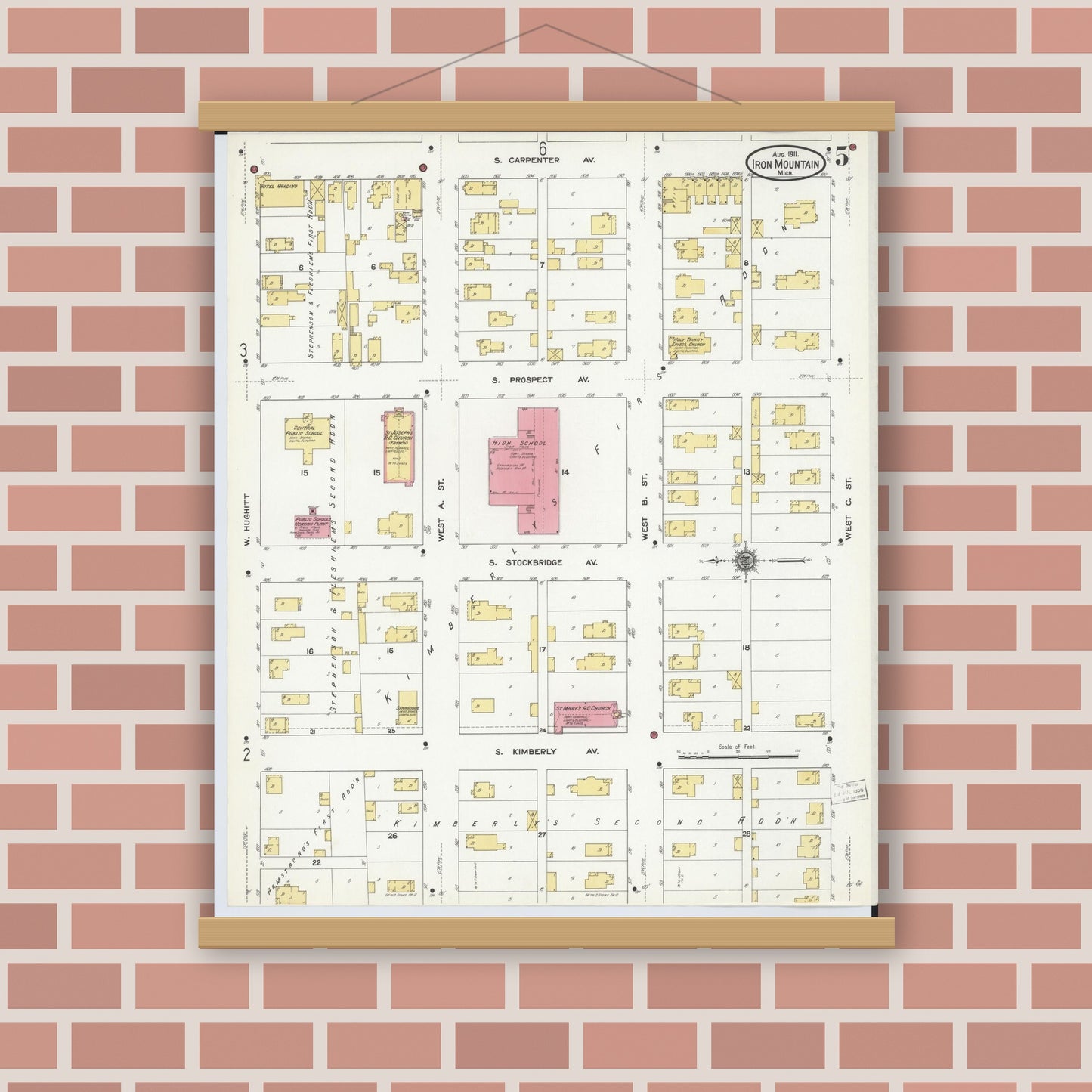 Old map wall art mockup — magnetic wood frame on brick wall — Sanborn Fire Insurance Map from Iron Mountain, Dickinson County, Michigan (1911), Sheet #0005