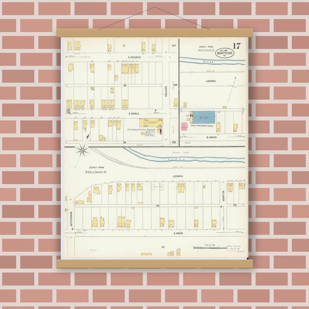 Old map wall art mockup — magnetic wood frame on brick wall — Sanborn Fire Insurance Map from Nanticoke, Luzerne County, Pennsylvania (1907), Sheet #0017