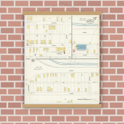 Old map wall art mockup — magnetic wood frame on brick wall — Sanborn Fire Insurance Map from Nanticoke, Luzerne County, Pennsylvania (1907), Sheet #0017
