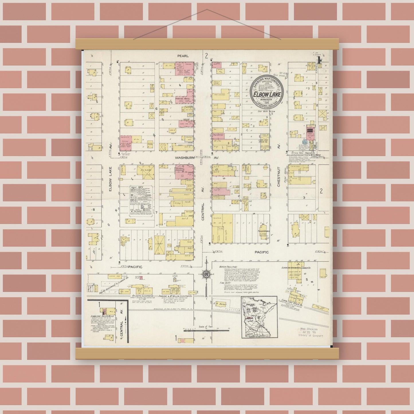 Old map wall art mockup — magnetic wood frame on brick wall — Sanborn Fire Insurance Map from Elbow Lake, Grant County, Minnesota (1915) - Complete Map Set