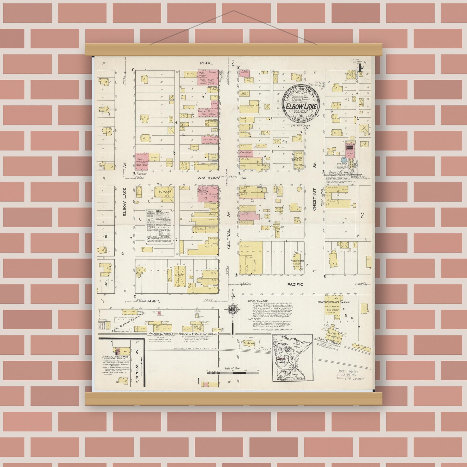 Old map wall art mockup — magnetic wood frame on brick wall — Sanborn Fire Insurance Map from Elbow Lake, Grant County, Minnesota (1915) - Complete Map Set