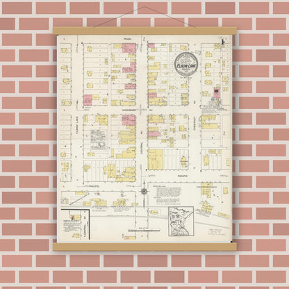 Old map wall art mockup — magnetic wood frame on brick wall — Sanborn Fire Insurance Map from Elbow Lake, Grant County, Minnesota (1915) - Complete Map Set