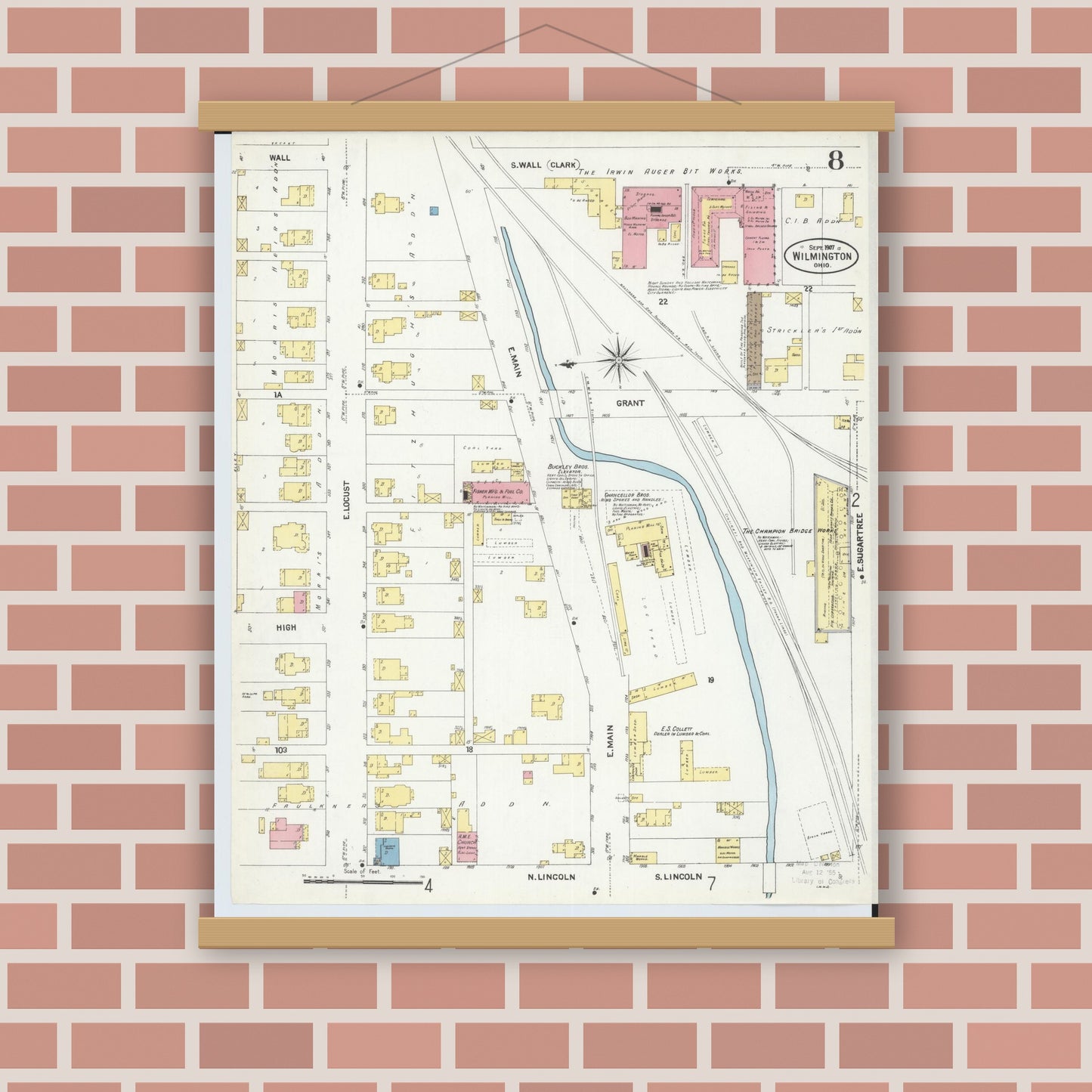 Old map wall art mockup — magnetic wood frame on brick wall — Sanborn Fire Insurance Map from Wilmington, Clinton County, Ohio (1907), Sheet #0008