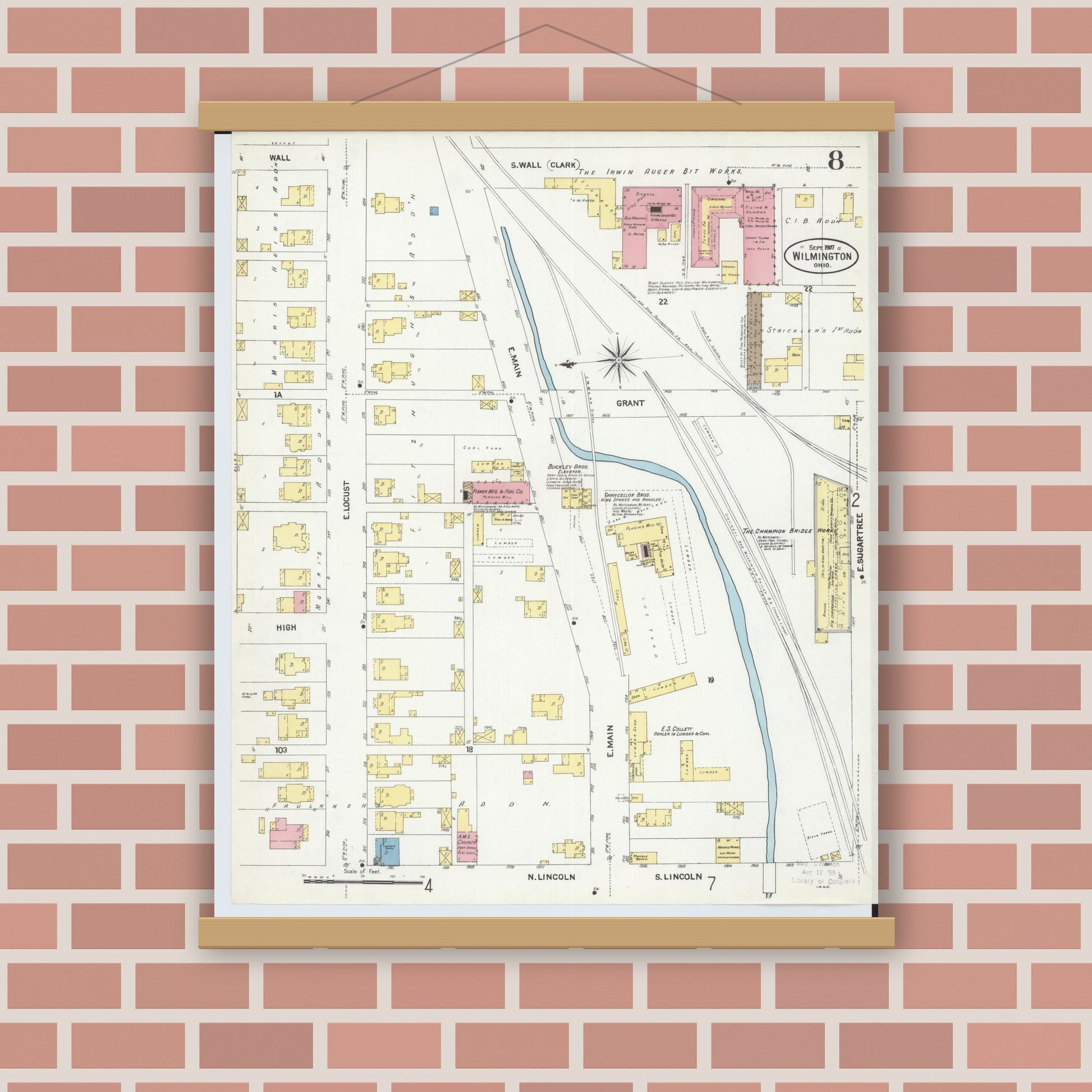 Old map wall art mockup — magnetic wood frame on brick wall — Sanborn Fire Insurance Map from Wilmington, Clinton County, Ohio (1907), Sheet #0008
