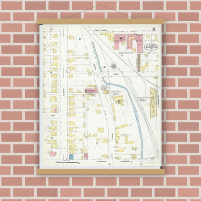 Old map wall art mockup — magnetic wood frame on brick wall — Sanborn Fire Insurance Map from Wilmington, Clinton County, Ohio (1907), Sheet #0008