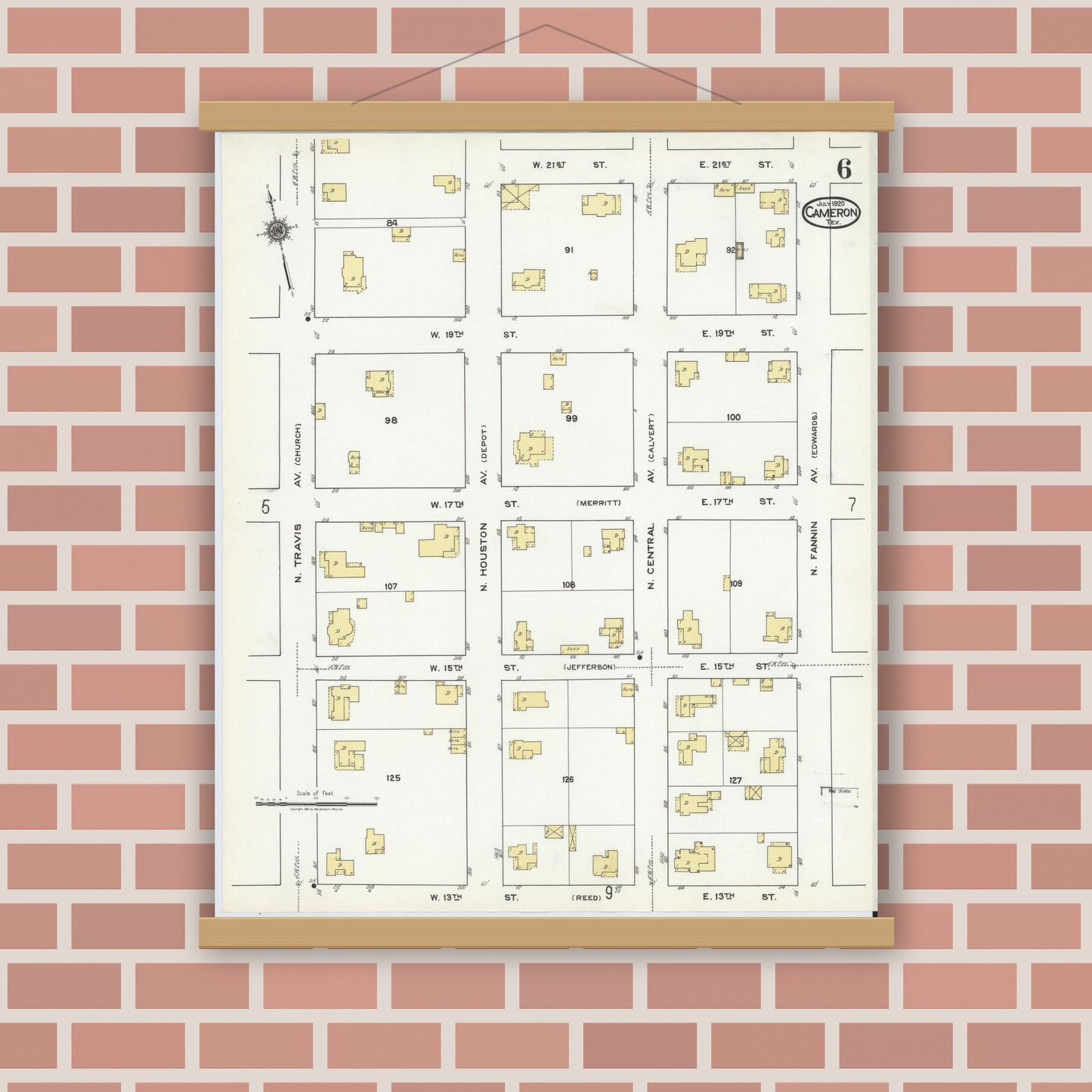 Old map wall art mockup — magnetic wood frame on brick wall — Sanborn Fire Insurance Map from Cameron, Milam County, Texas (1920), Sheet #0006