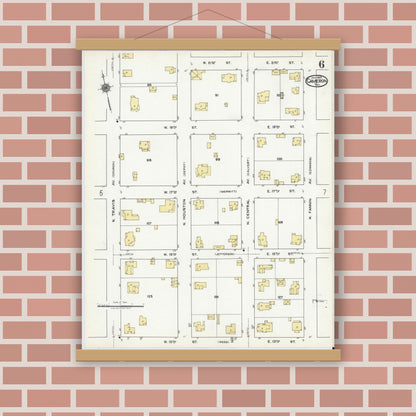 Old map wall art mockup — magnetic wood frame on brick wall — Sanborn Fire Insurance Map from Cameron, Milam County, Texas (1920), Sheet #0006