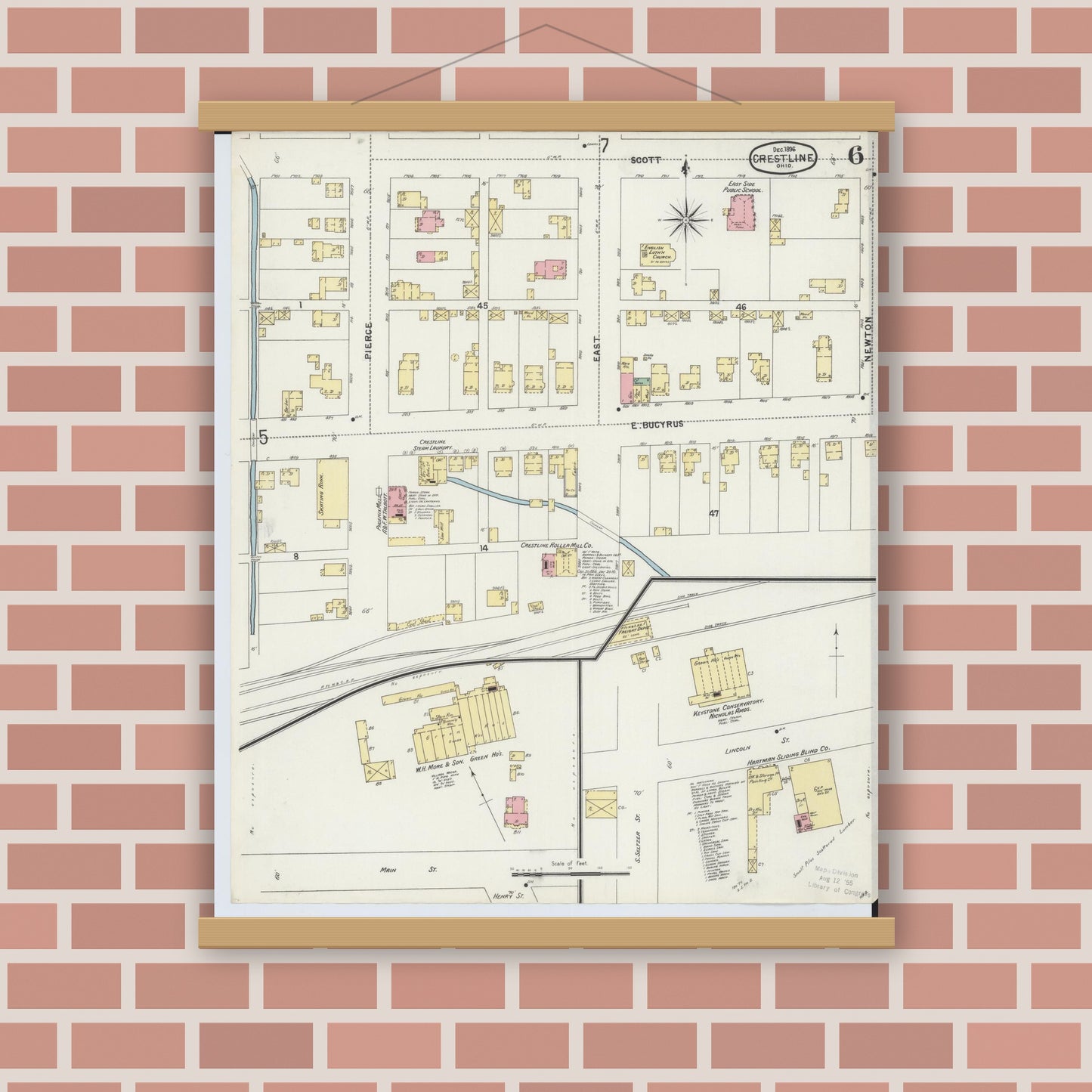 Old map wall art mockup — magnetic wood frame on brick wall — Sanborn Fire Insurance Map from Crestline, Crawford County, Ohio (1896), Sheet #0006