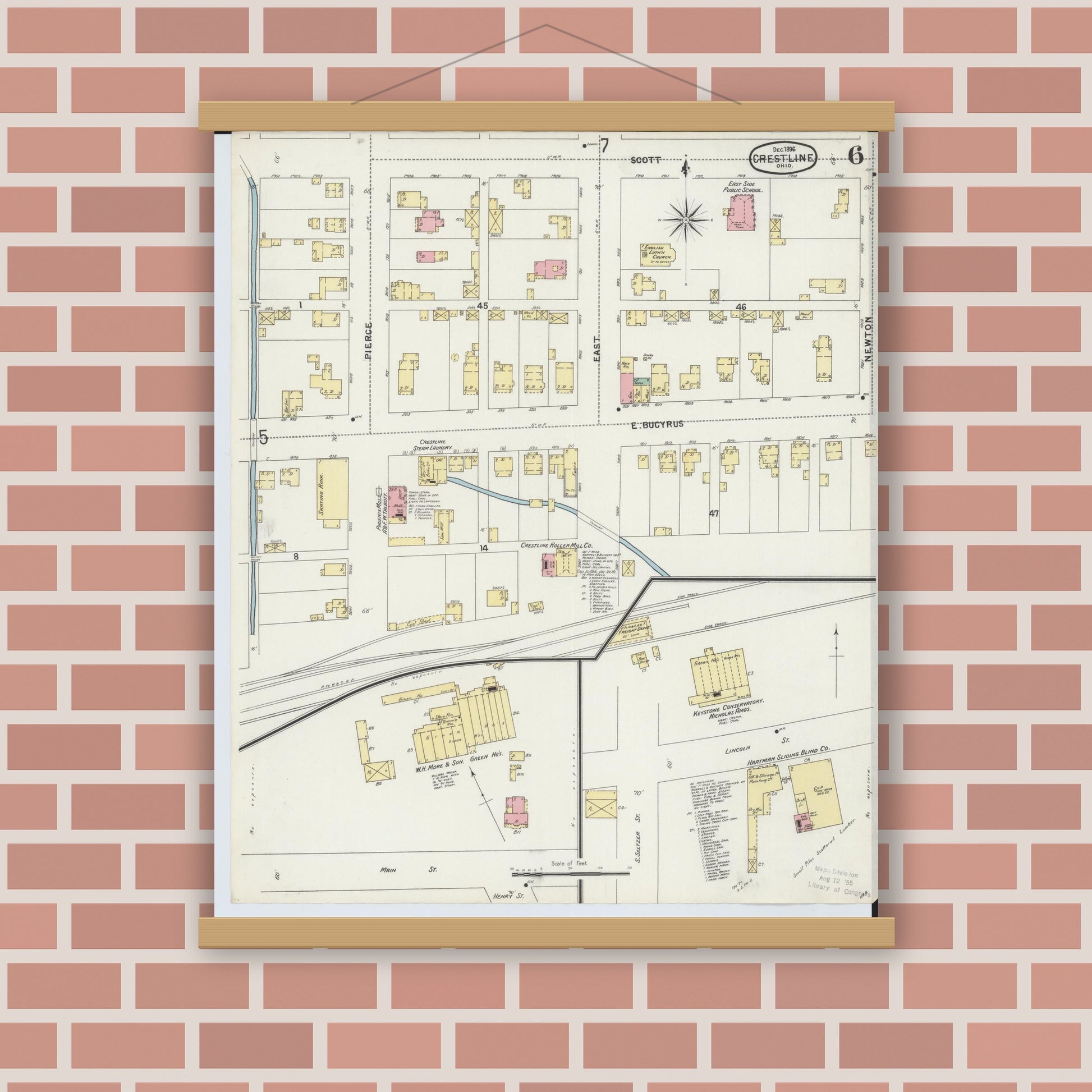 Old map wall art mockup — magnetic wood frame on brick wall — Sanborn Fire Insurance Map from Crestline, Crawford County, Ohio (1896), Sheet #0006