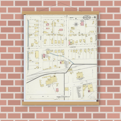 Old map wall art mockup — magnetic wood frame on brick wall — Sanborn Fire Insurance Map from Crestline, Crawford County, Ohio (1896), Sheet #0006