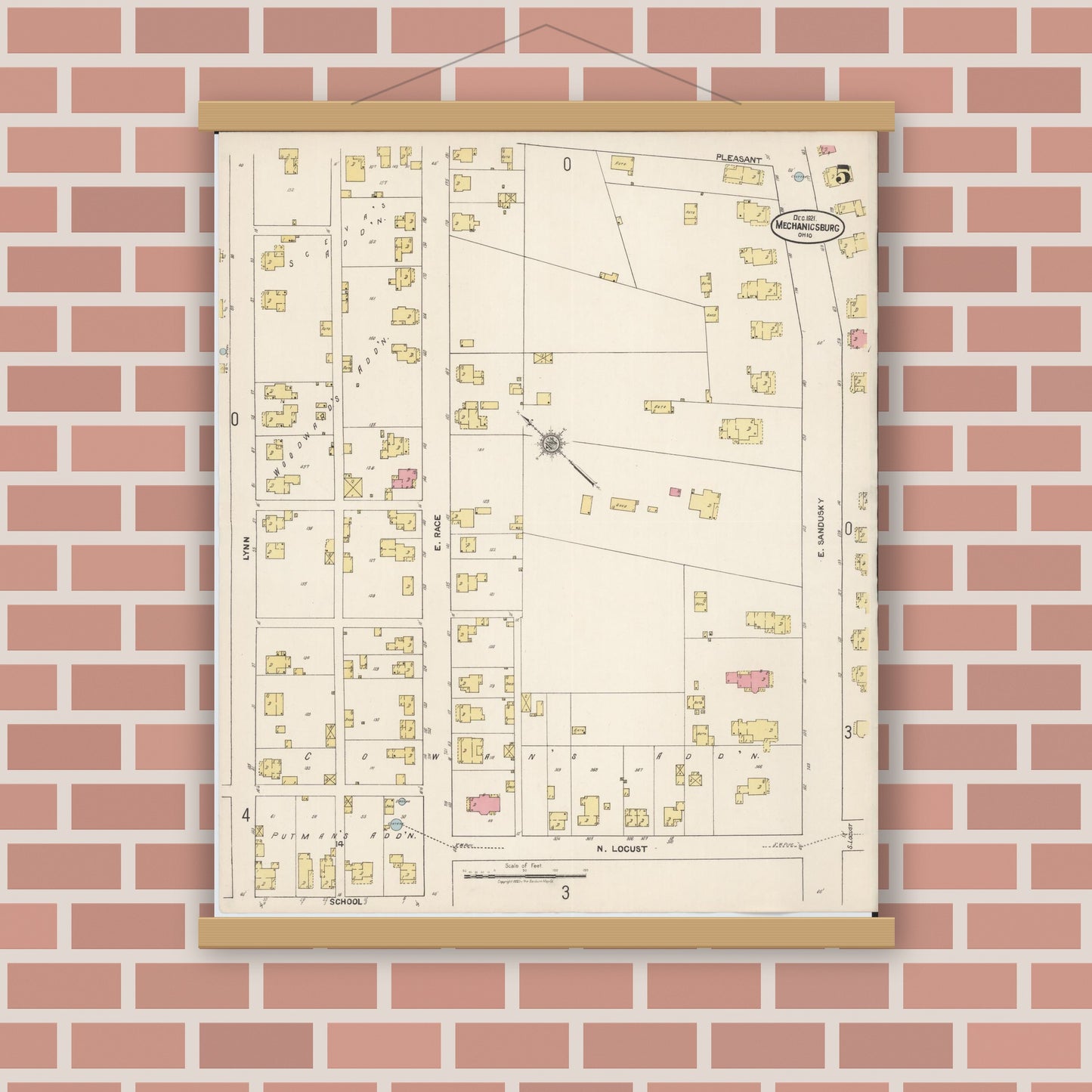 Old map wall art mockup — magnetic wood frame on brick wall — Sanborn Fire Insurance Map from Mechanicsburg, Champaign County, Ohio (1921), Sheet #0005