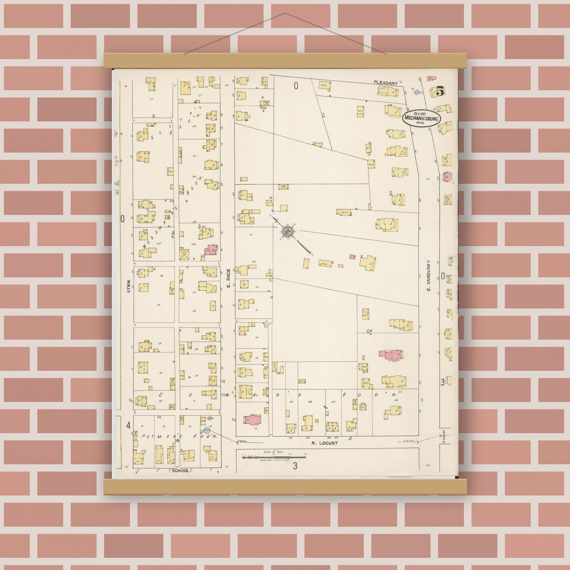 Old map wall art mockup — magnetic wood frame on brick wall — Sanborn Fire Insurance Map from Mechanicsburg, Champaign County, Ohio (1921), Sheet #0005