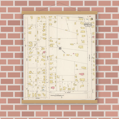Old map wall art mockup — magnetic wood frame on brick wall — Sanborn Fire Insurance Map from Mechanicsburg, Champaign County, Ohio (1921), Sheet #0005