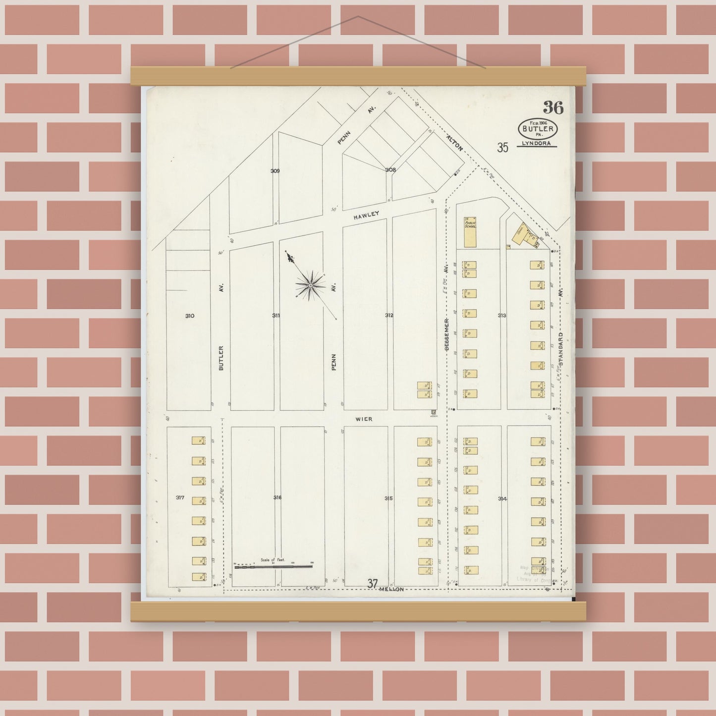 Old map wall art mockup — magnetic wood frame on brick wall — Sanborn Fire Insurance Map from Butler, Butler County, Pennsylvania (1906), Sheet #0036