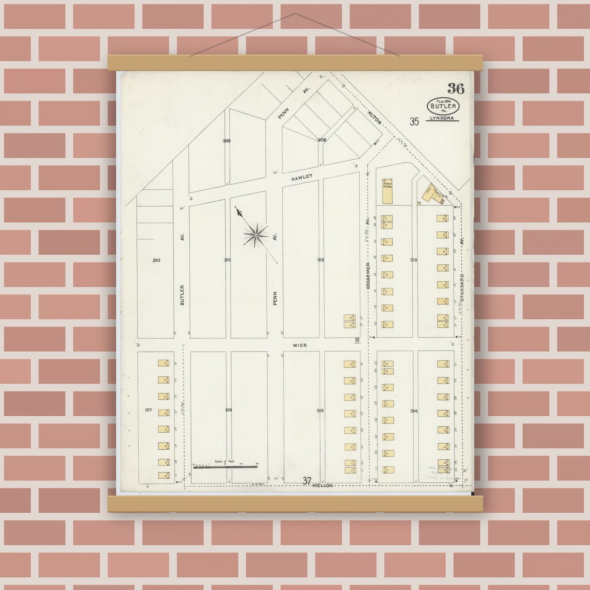 Old map wall art mockup — magnetic wood frame on brick wall — Sanborn Fire Insurance Map from Butler, Butler County, Pennsylvania (1906), Sheet #0036