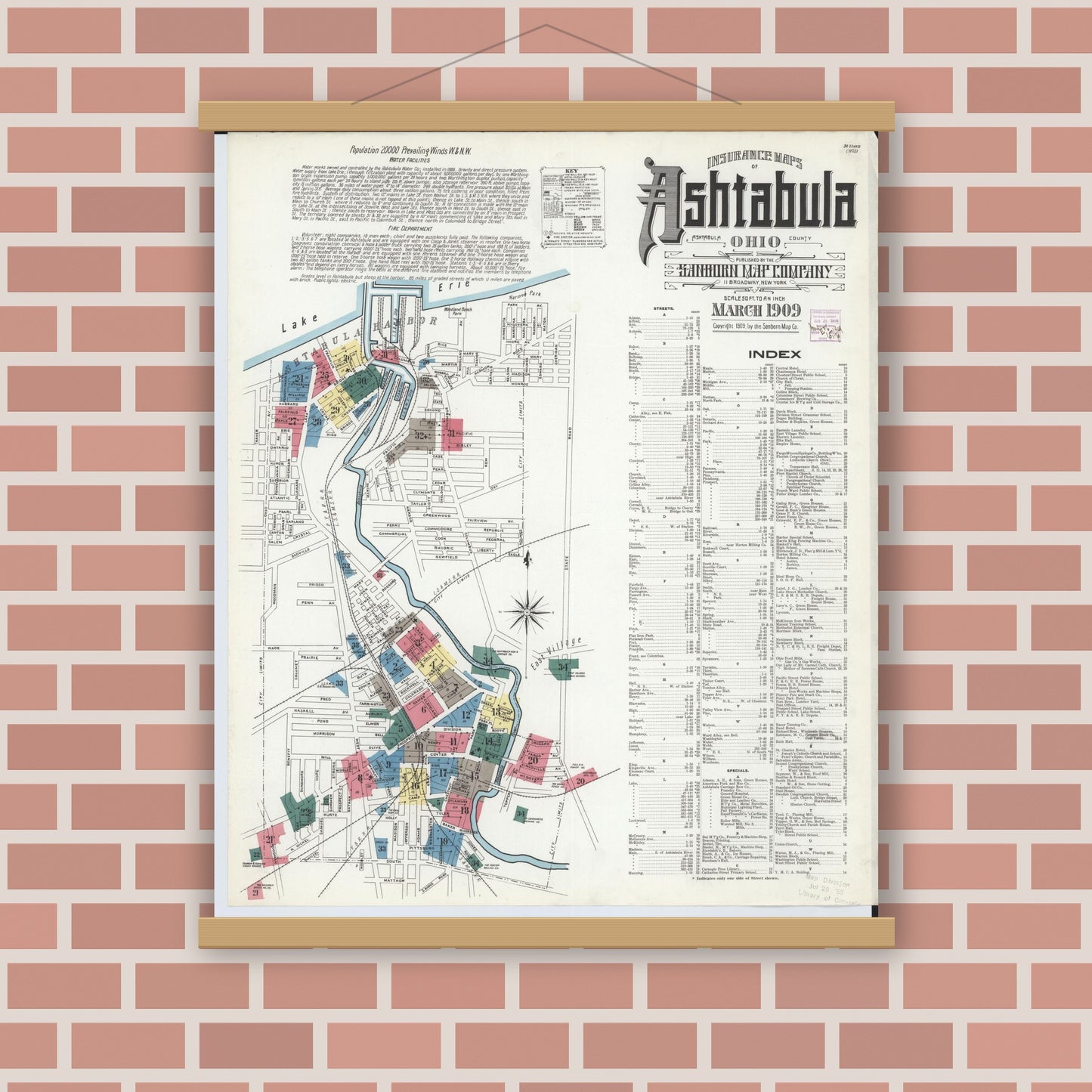 Old map wall art mockup — magnetic wood frame on brick wall — Sanborn Fire Insurance Map from Ashtabula, Ashtabula County, Ohio (1909) - Complete Map Set