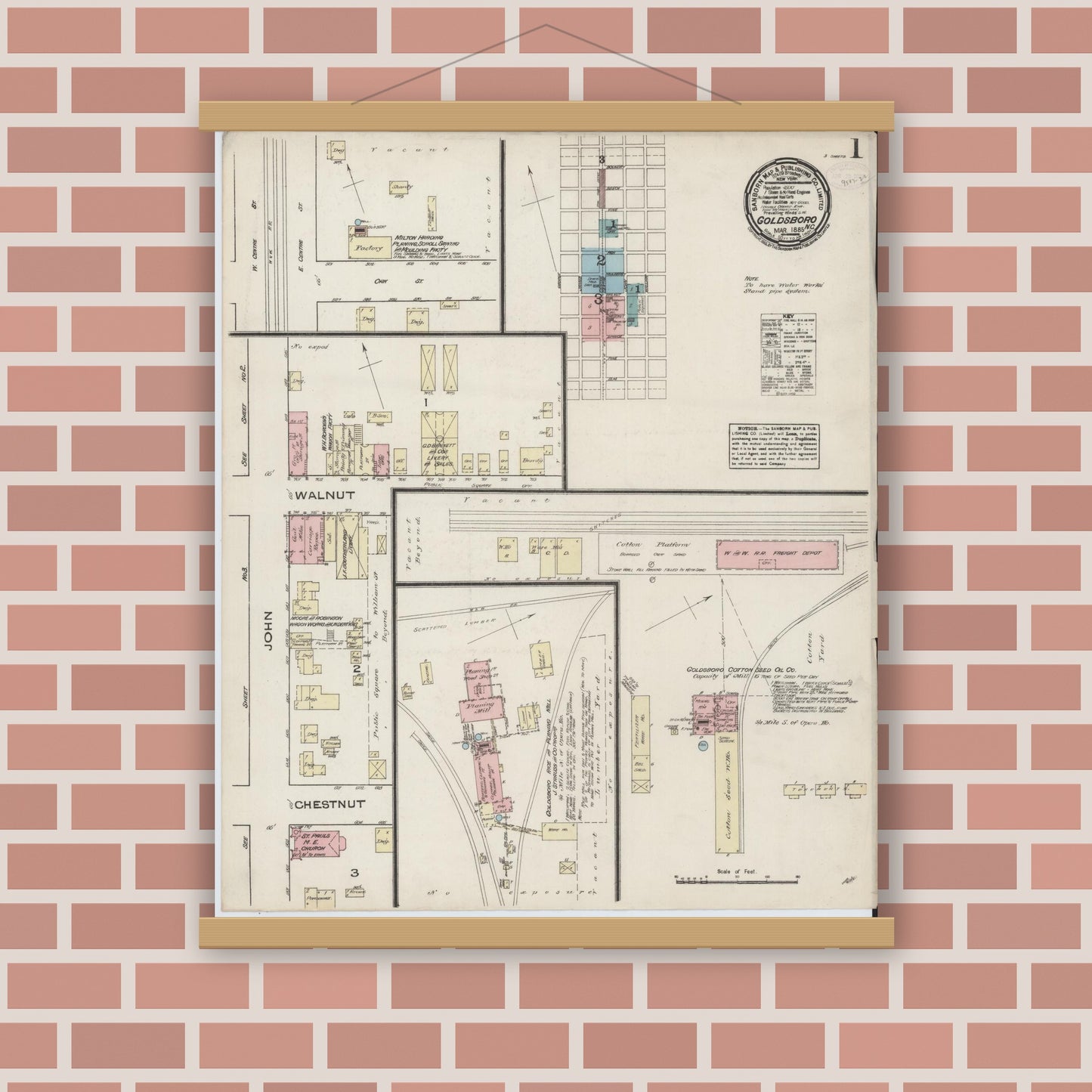 Old map wall art mockup — magnetic wood frame on brick wall — Sanborn Fire Insurance Map from Goldsboro, Wayne County, North Carolina (1885) - Complete Map Set