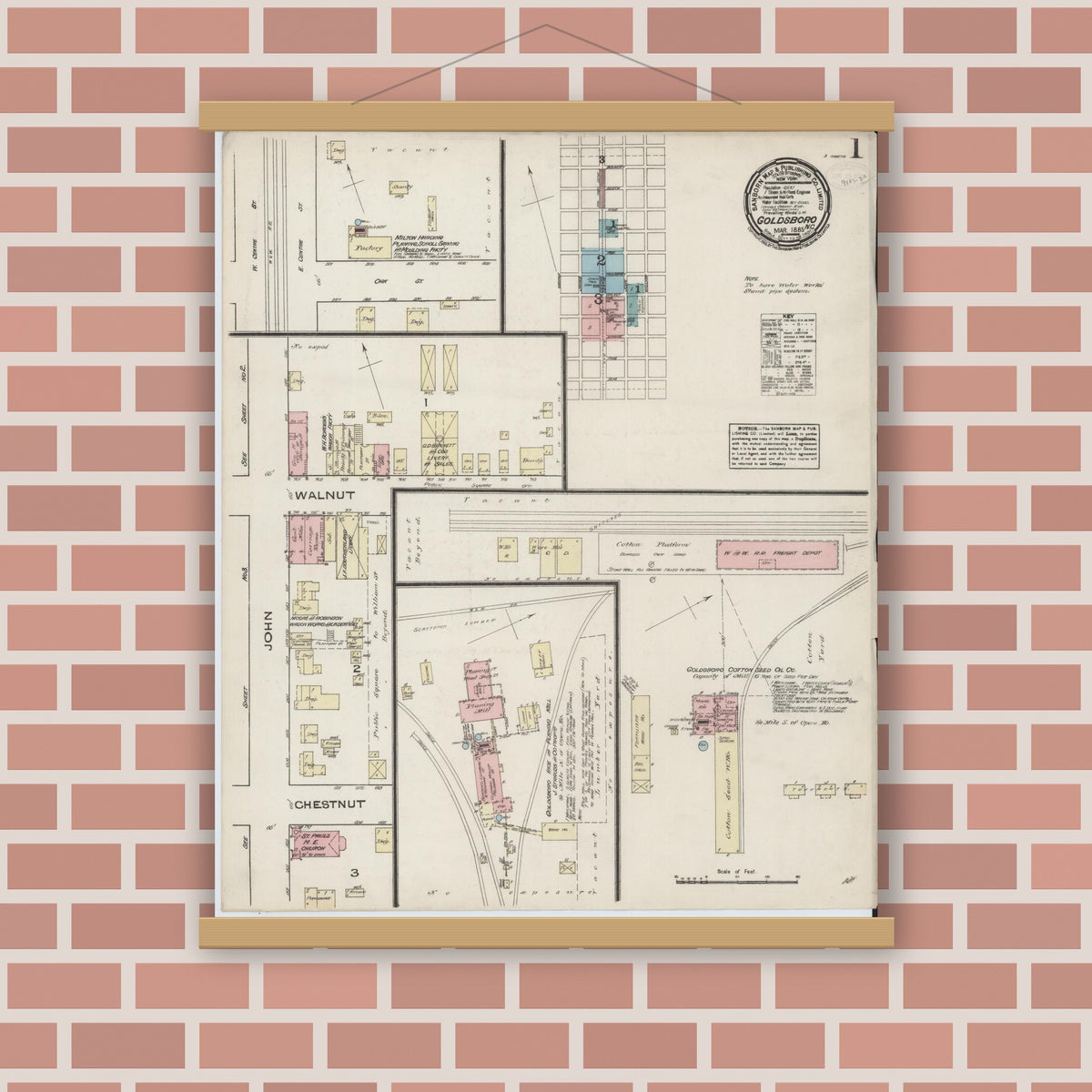 Old map wall art mockup — magnetic wood frame on brick wall — Sanborn Fire Insurance Map from Goldsboro, Wayne County, North Carolina (1885) - Complete Map Set