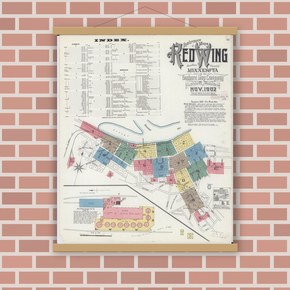 Old map wall art mockup — magnetic wood frame on brick wall — Sanborn Fire Insurance Map from Red Wing, Goodhue County, Minnesota (1902), Sheet #0001