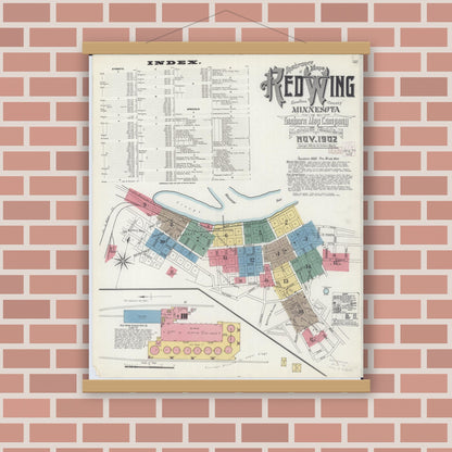 Old map wall art mockup — magnetic wood frame on brick wall — Sanborn Fire Insurance Map from Red Wing, Goodhue County, Minnesota (1902), Sheet #0001