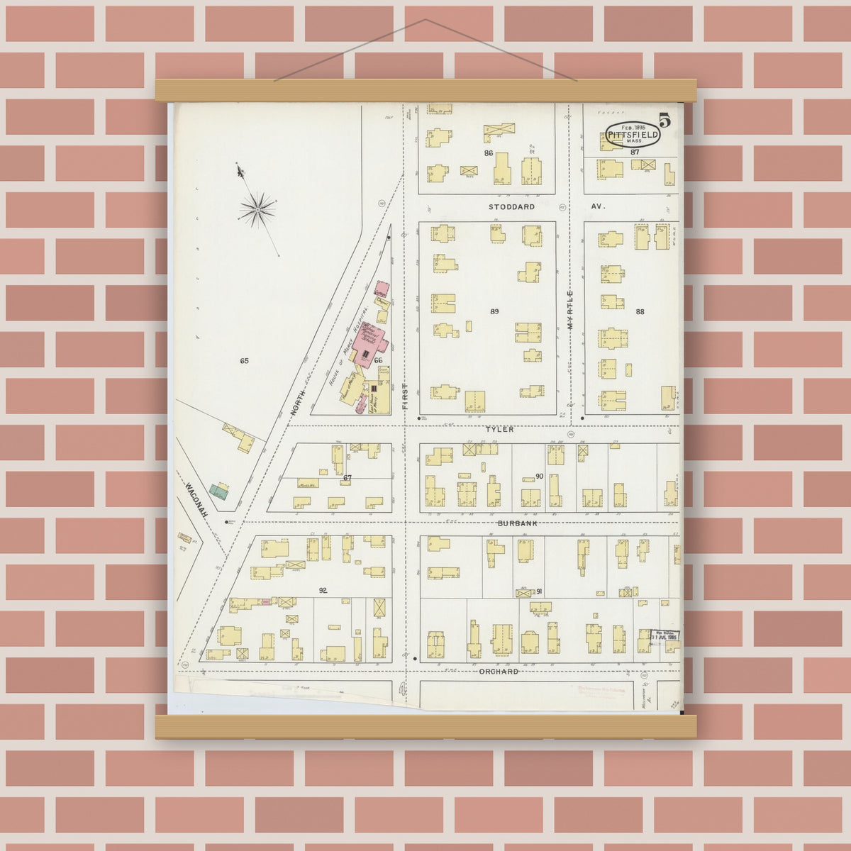 Old map wall art mockup — magnetic wood frame on brick wall — Sanborn Fire Insurance Map from Pittsfield, Berkshire County, Massachusetts (1895), Sheet #0005