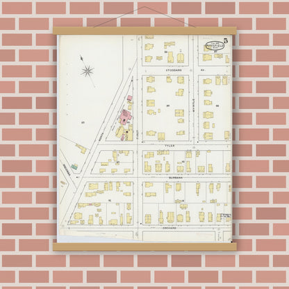 Old map wall art mockup — magnetic wood frame on brick wall — Sanborn Fire Insurance Map from Pittsfield, Berkshire County, Massachusetts (1895), Sheet #0005