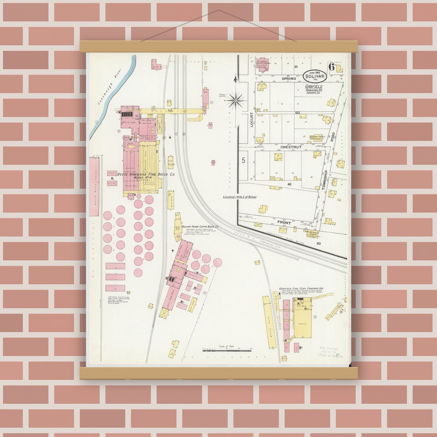 Old map wall art mockup — magnetic wood frame on brick wall — Sanborn Fire Insurance Map from Bolivar, Westmoreland County, Pennsylvania (1909), Sheet #0006