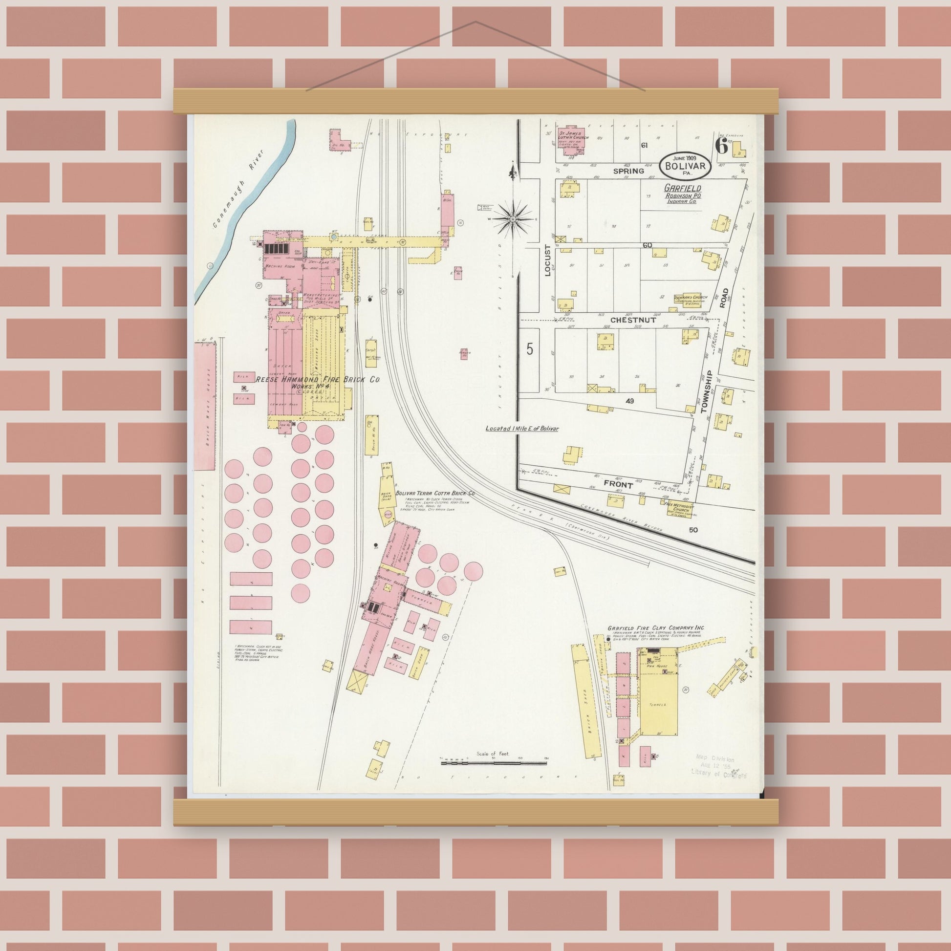 Old map wall art mockup — magnetic wood frame on brick wall — Sanborn Fire Insurance Map from Bolivar, Westmoreland County, Pennsylvania (1909), Sheet #0006