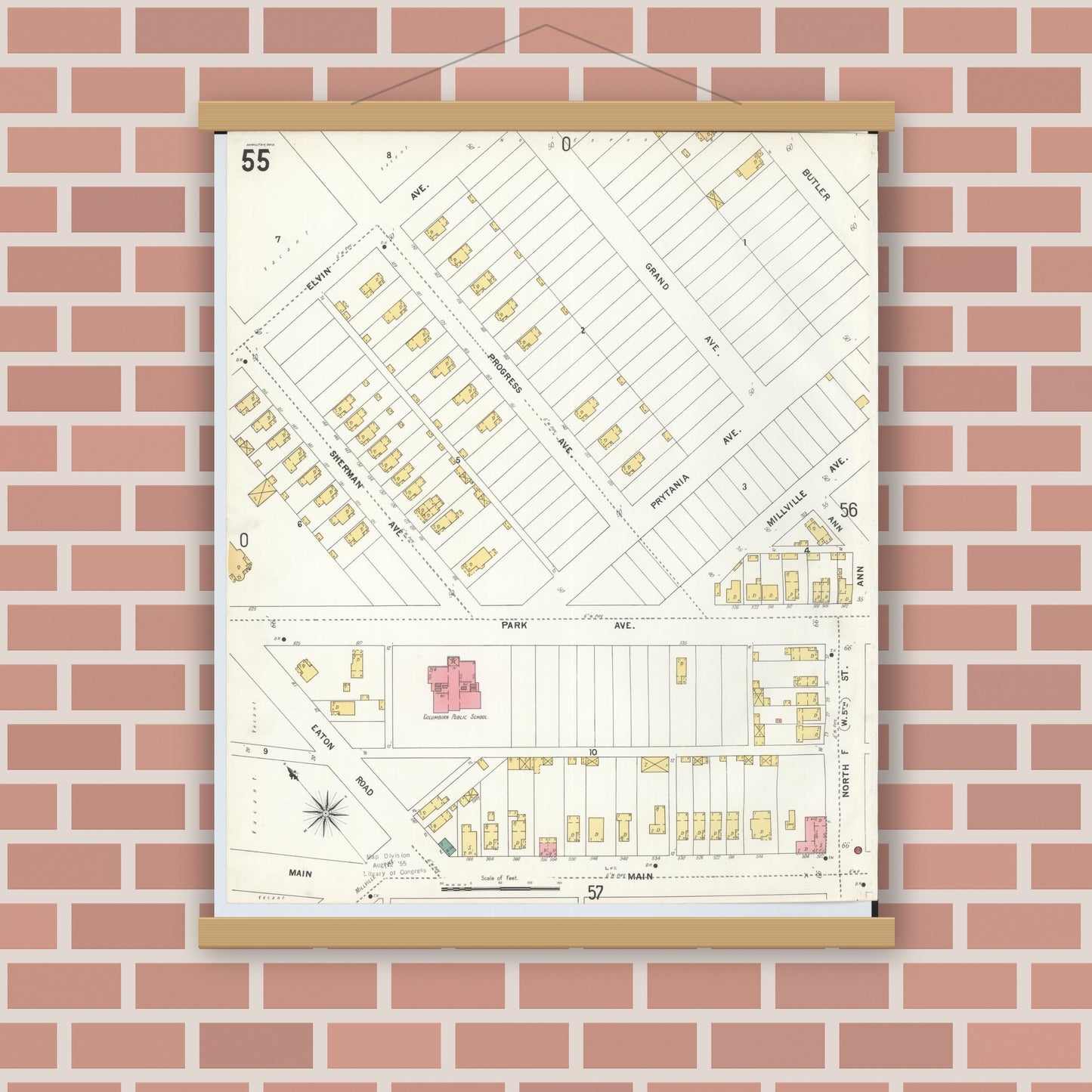 Old map wall art mockup — magnetic wood frame on brick wall — Sanborn Fire Insurance Map from Hamilton, Butler County, Ohio (1899), Sheet #0055