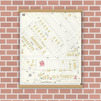 Old map wall art mockup — magnetic wood frame on brick wall — Sanborn Fire Insurance Map from Hamilton, Butler County, Ohio (1899), Sheet #0055