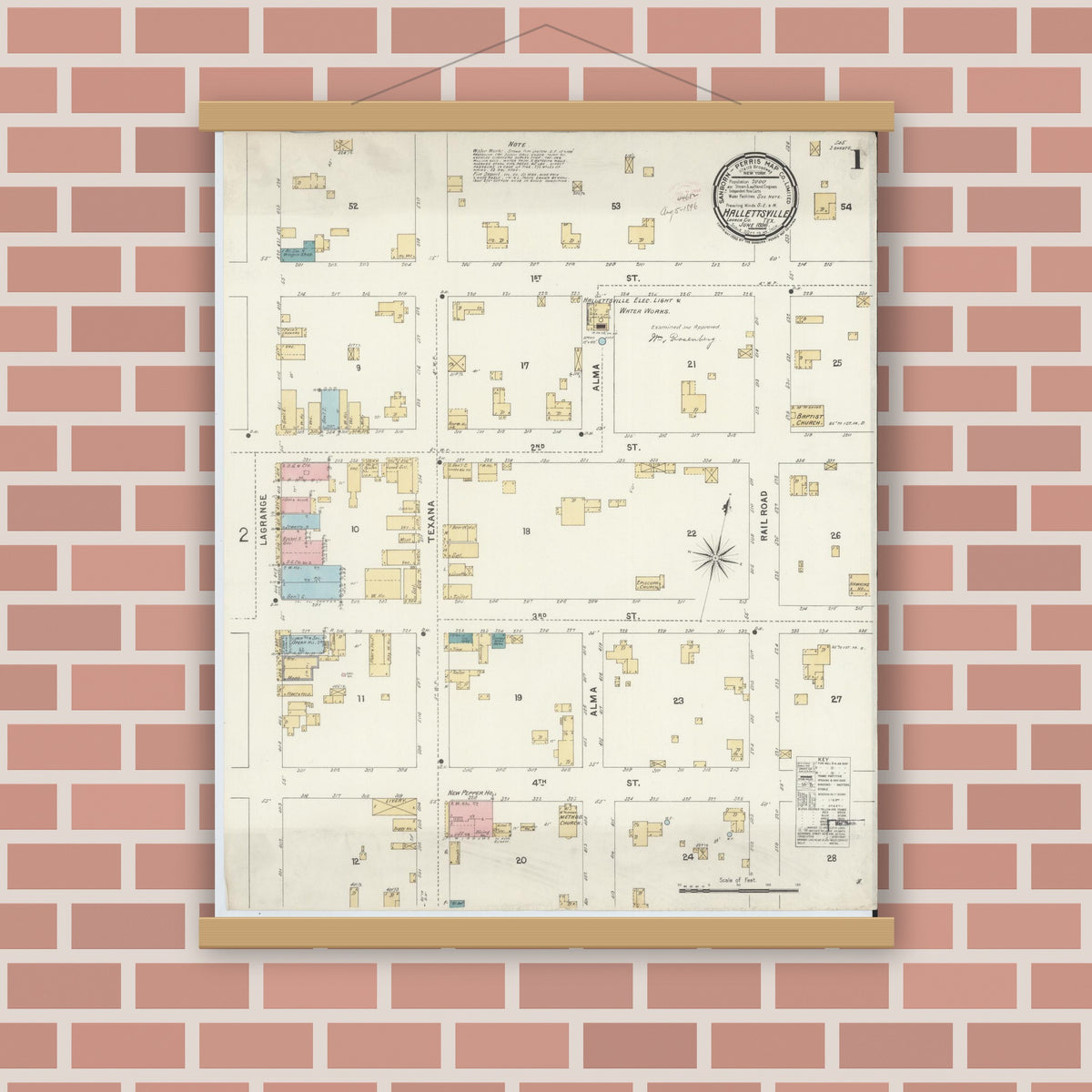 Old map wall art mockup — magnetic wood frame on brick wall — Sanborn Fire Insurance Map from Hallettsville, Lavaca County, Texas (1896) - Complete Map Set