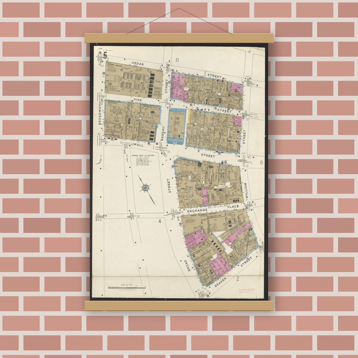 Old map wall art mockup — magnetic wood frame on brick wall — Sanborn Fire Insurance Map from New York, Bronx, Manhattan, New York (1923), Sheet #0005