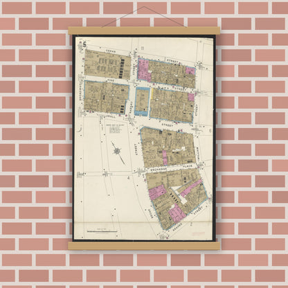 Old map wall art mockup — magnetic wood frame on brick wall — Sanborn Fire Insurance Map from New York, Bronx, Manhattan, New York (1923), Sheet #0005