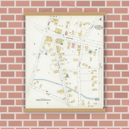 Old map wall art mockup — magnetic wood frame on brick wall — Sanborn Fire Insurance Map from Holliston, Middlesex County, Massachusetts (1906), Sheet #0004