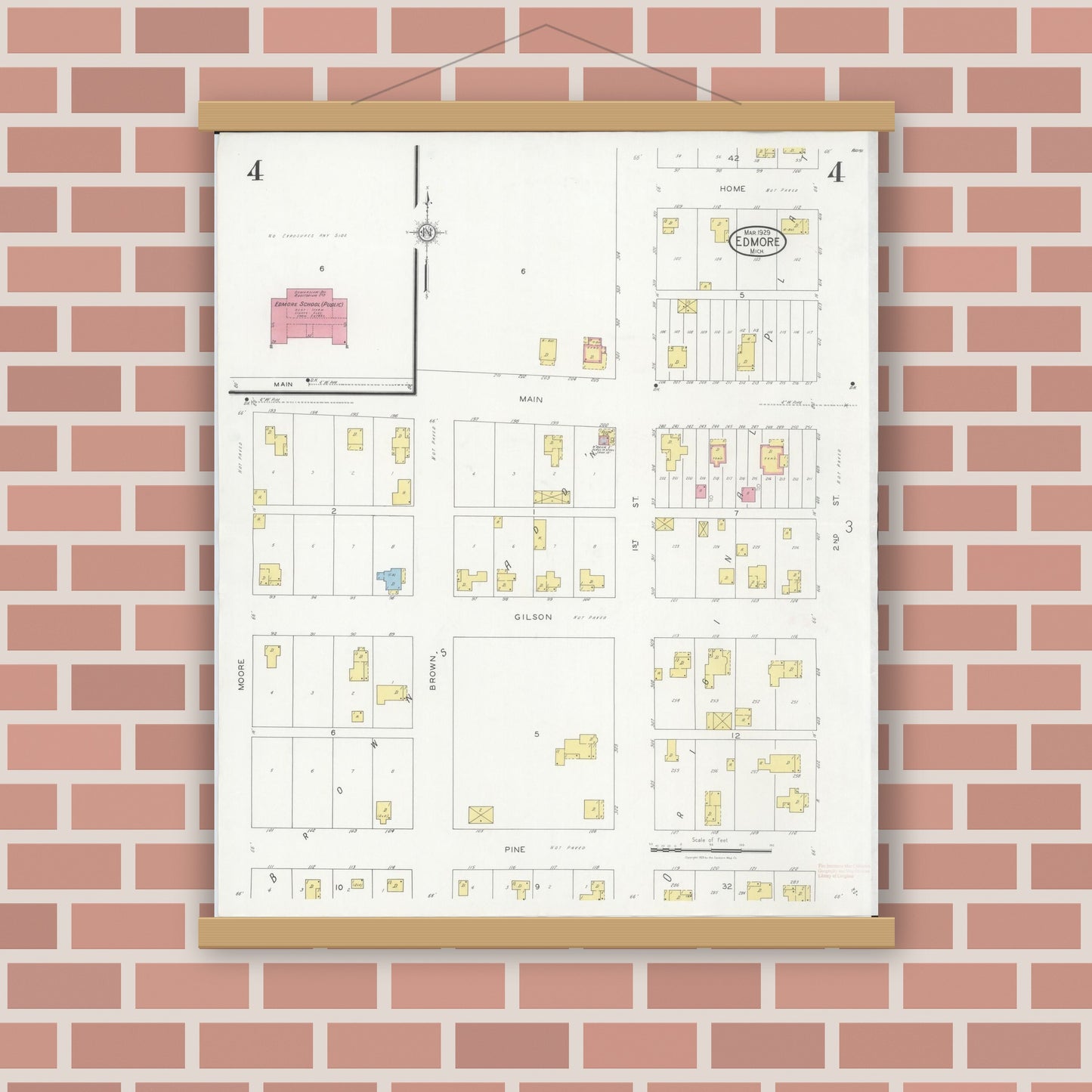Old map wall art mockup — magnetic wood frame on brick wall — Sanborn Fire Insurance Map from Edmore, Montcalm County, Michigan (1929), Sheet #0004