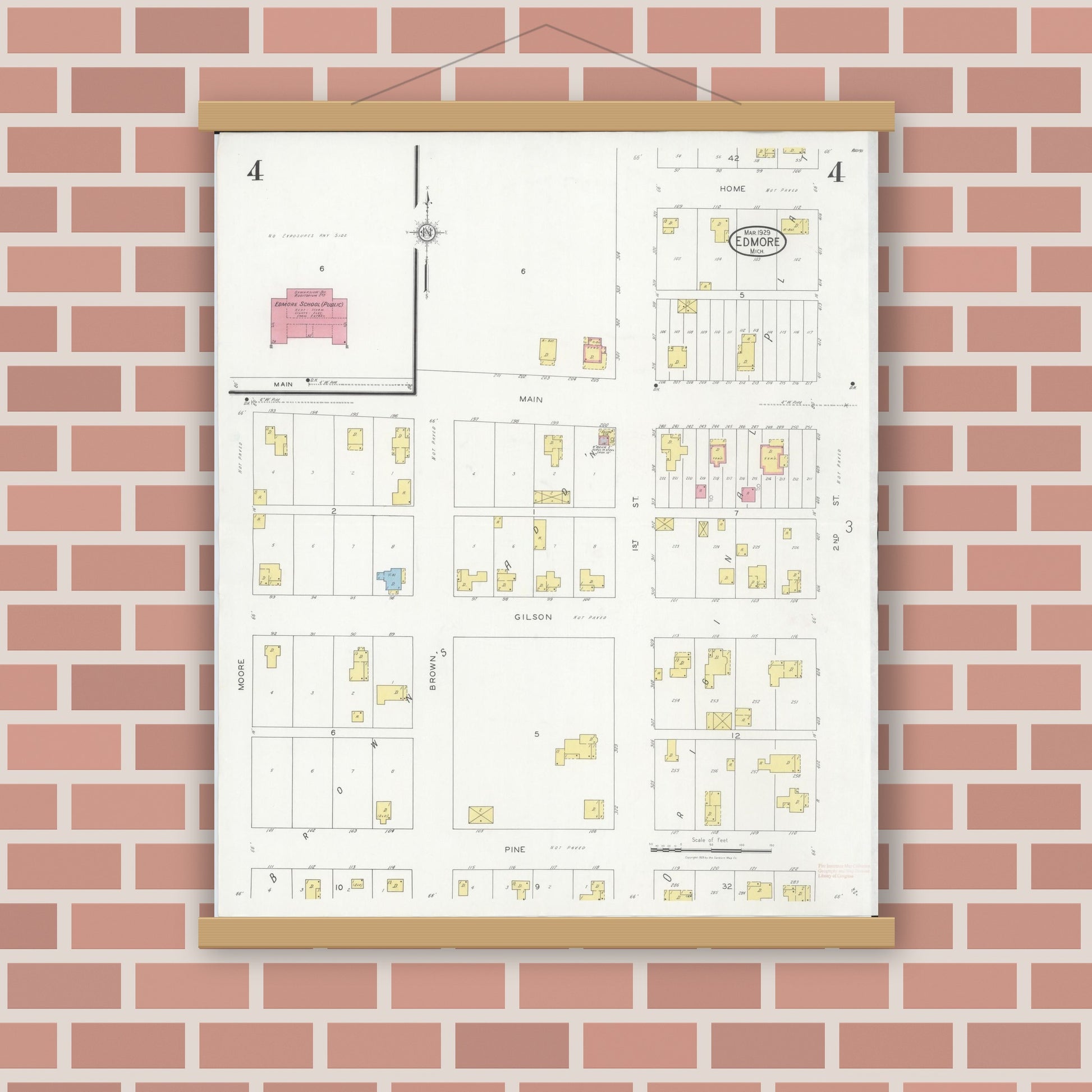 Old map wall art mockup — magnetic wood frame on brick wall — Sanborn Fire Insurance Map from Edmore, Montcalm County, Michigan (1929), Sheet #0004