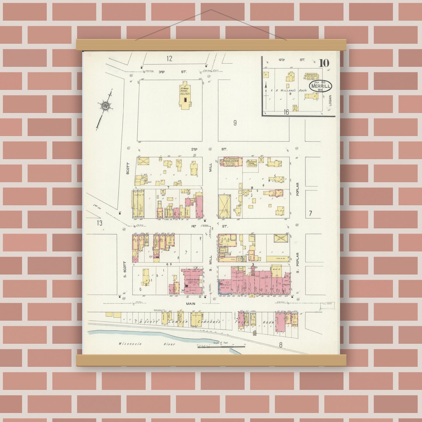 Old map wall art mockup — magnetic wood frame on brick wall — Sanborn Fire Insurance Map from Merrill, Lincoln County, Wisconsin (1913), Sheet #0010