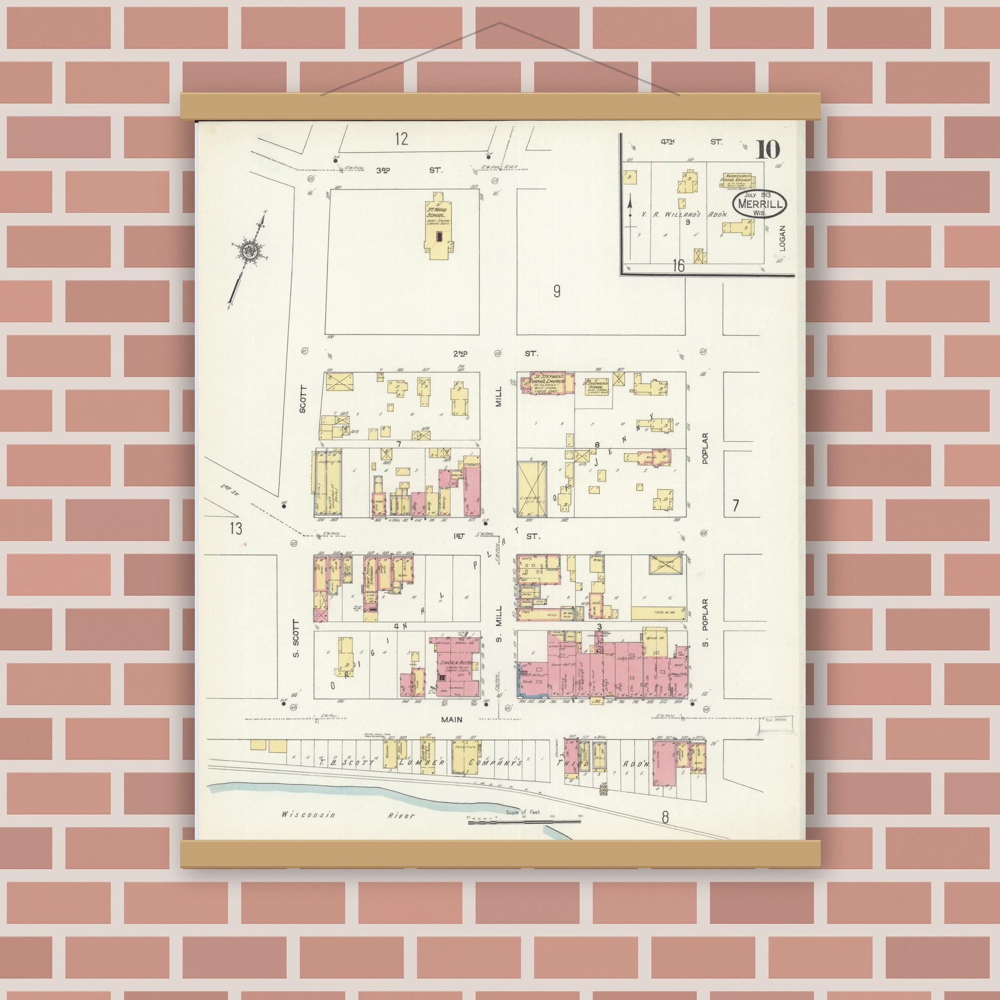 Old map wall art mockup — magnetic wood frame on brick wall — Sanborn Fire Insurance Map from Merrill, Lincoln County, Wisconsin (1913), Sheet #0010