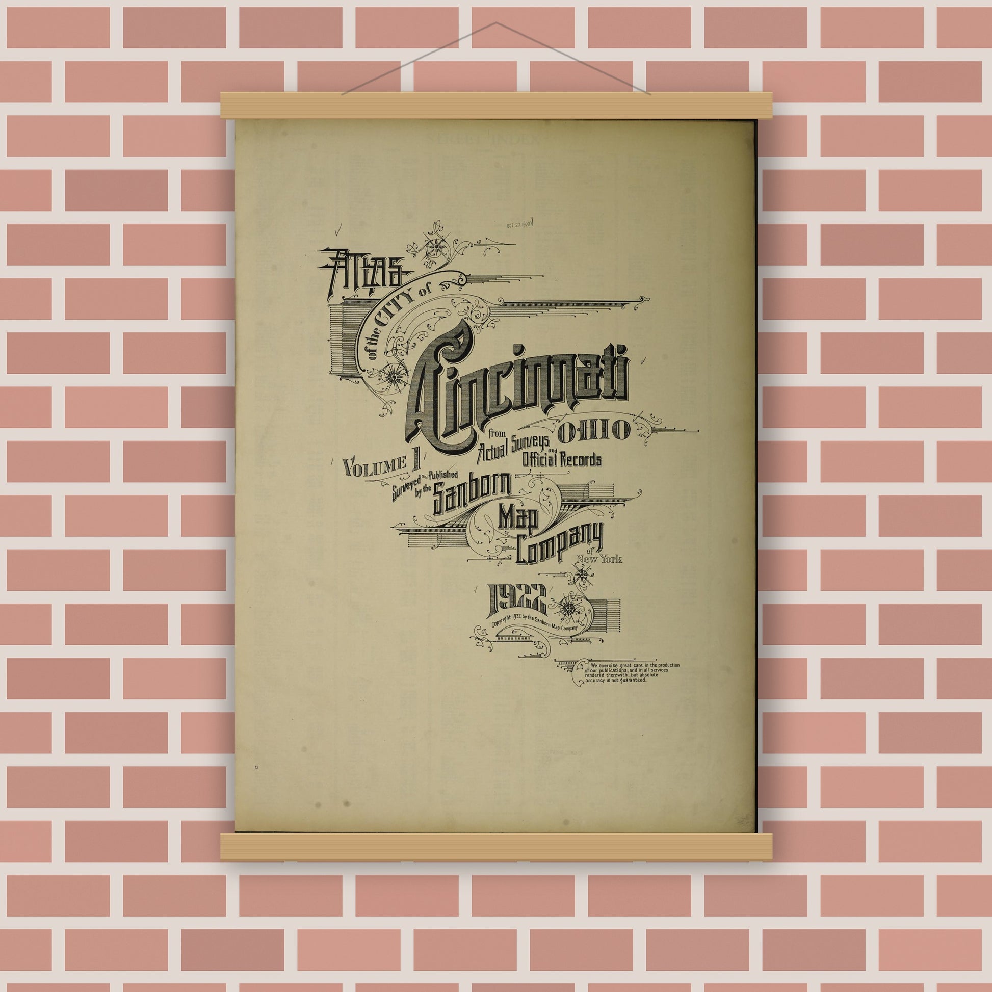 Old map wall art mockup — magnetic wood frame on brick wall — Sanborn Fire Insurance Map from Cincinnati, Hamilton County, Ohio (1922), Sheet #0001