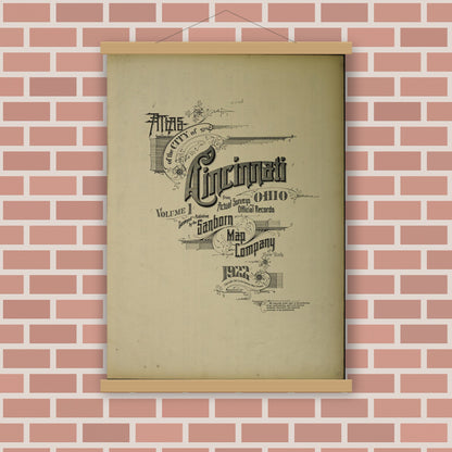 Old map wall art mockup — magnetic wood frame on brick wall — Sanborn Fire Insurance Map from Cincinnati, Hamilton County, Ohio (1922), Sheet #0001