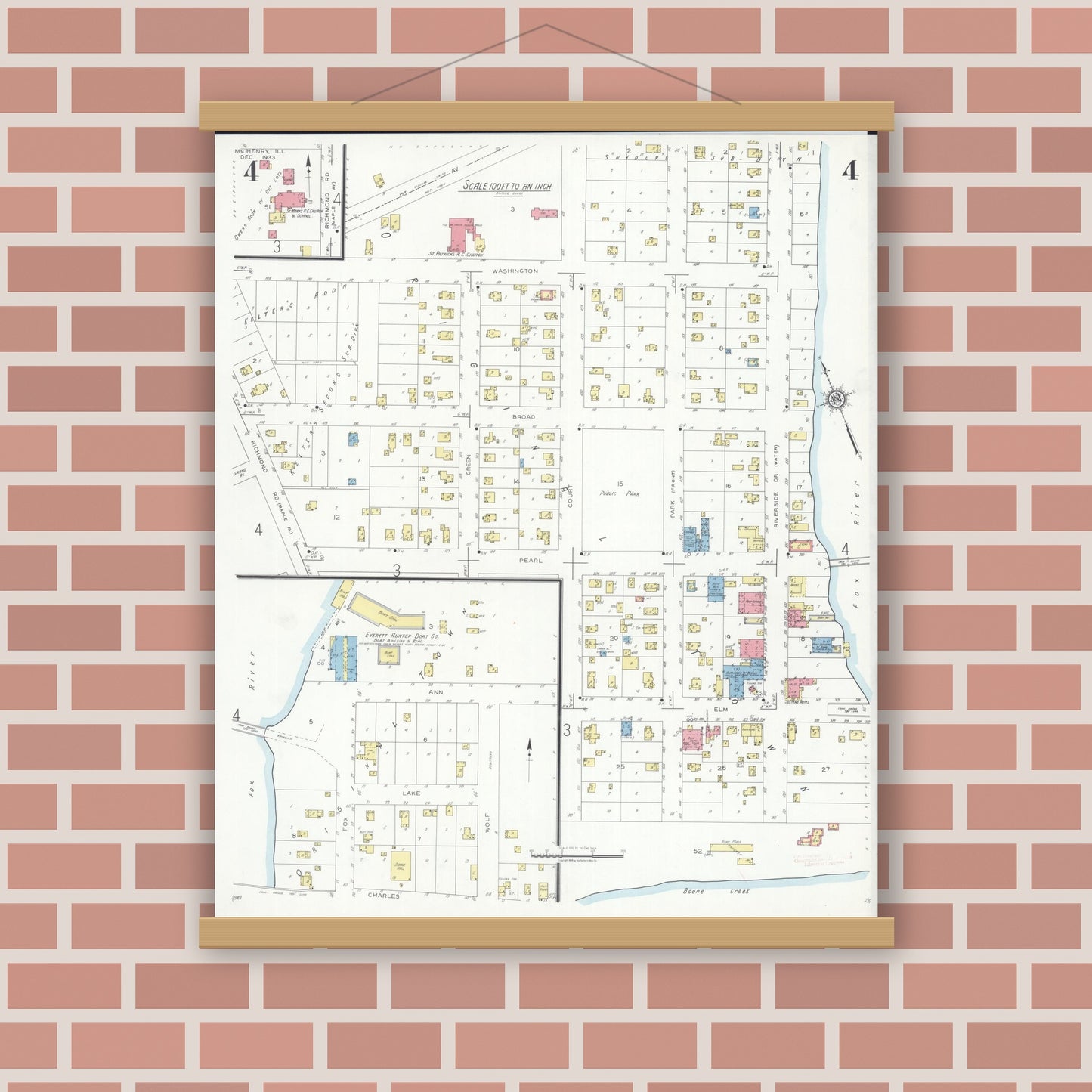 Old map wall art mockup — magnetic wood frame on brick wall — Sanborn Fire Insurance Map from McHenry, McHenry County, Illinois (1933), Sheet #0004