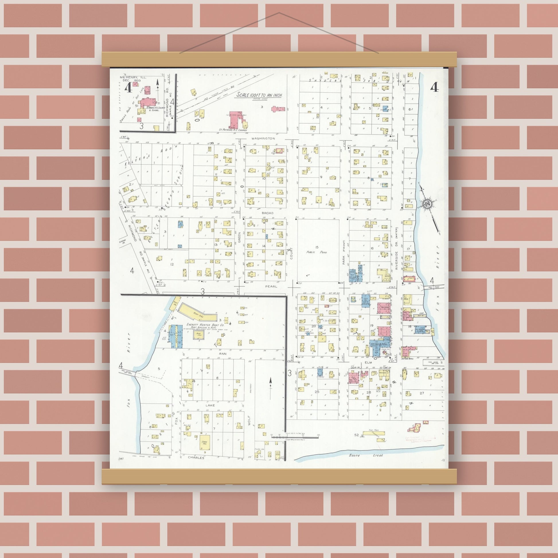 Old map wall art mockup — magnetic wood frame on brick wall — Sanborn Fire Insurance Map from McHenry, McHenry County, Illinois (1933), Sheet #0004