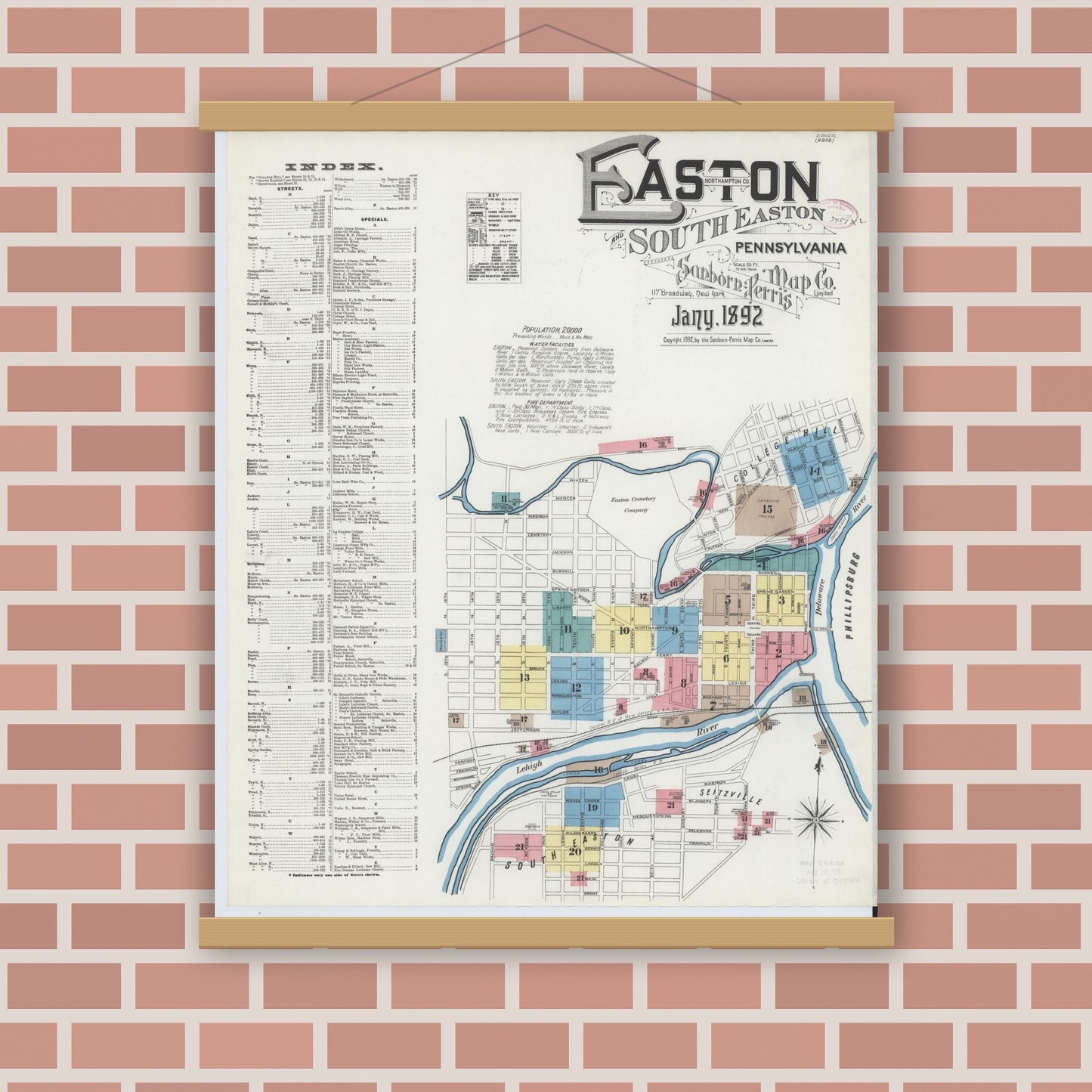Old map wall art mockup — magnetic wood frame on brick wall — Sanborn Fire Insurance Map from Easton, Northampton County, Pennsylvania (1892), Sheet #0001