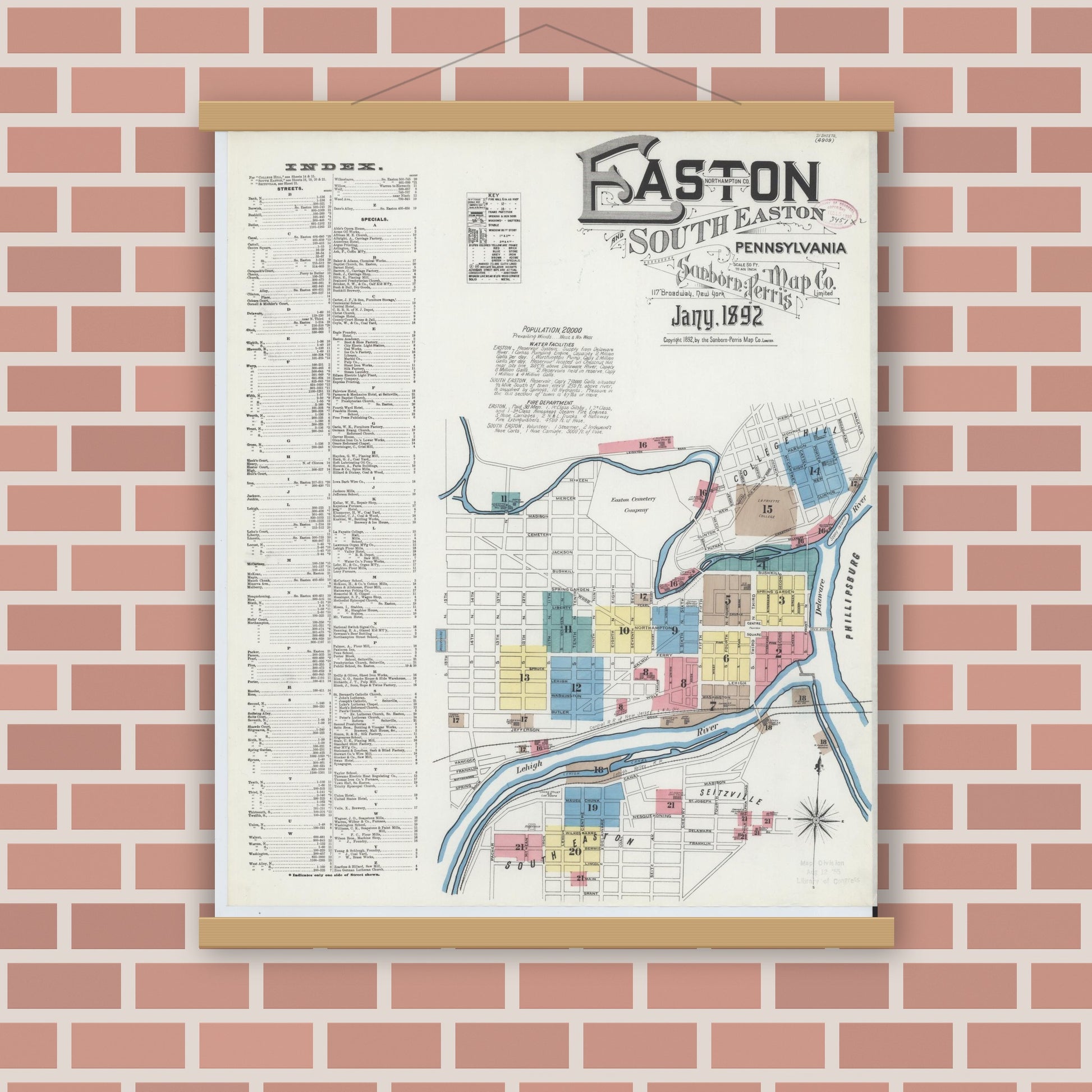 Old map wall art mockup — magnetic wood frame on brick wall — Sanborn Fire Insurance Map from Easton, Northampton County, Pennsylvania (1892), Sheet #0001