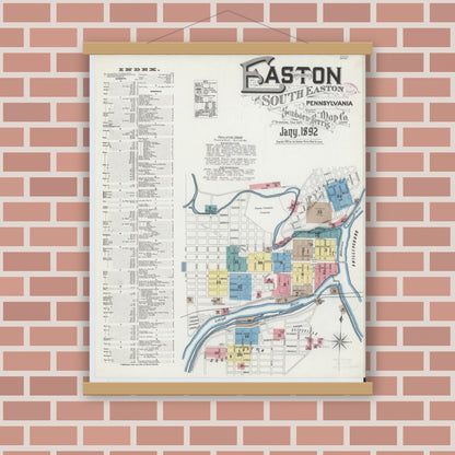Old map wall art mockup — magnetic wood frame on brick wall — Sanborn Fire Insurance Map from Easton, Northampton County, Pennsylvania (1892), Sheet #0001