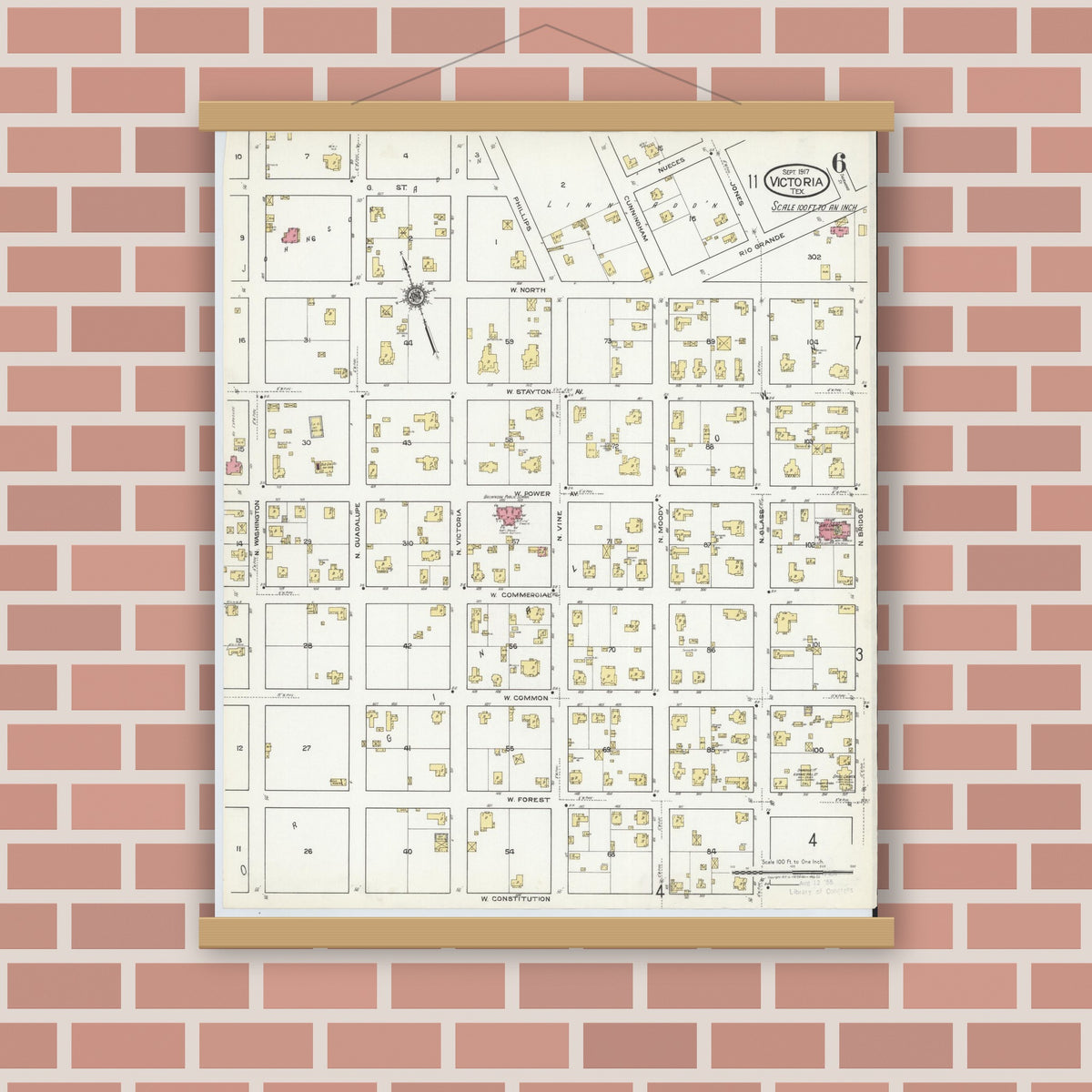 Old map wall art mockup — magnetic wood frame on brick wall — Sanborn Fire Insurance Map from Victoria, Victoria County, Texas (1917), Sheet #0006