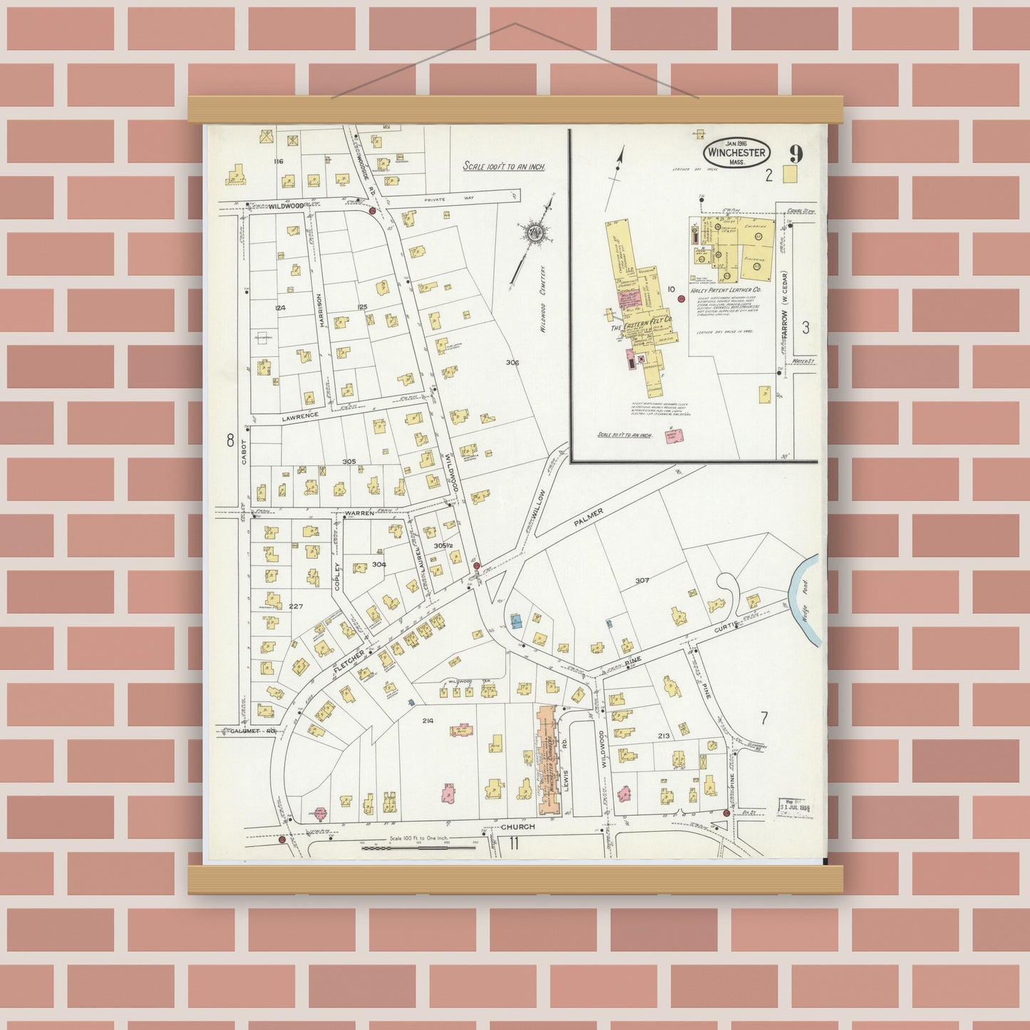Old map wall art mockup — magnetic wood frame on brick wall — Sanborn Fire Insurance Map from Winchester, Middlesex County, Massachusetts (1916), Sheet #0009
