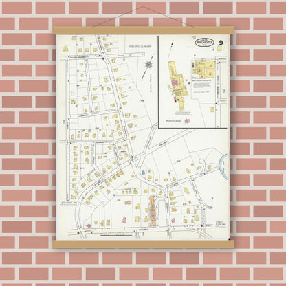 Old map wall art mockup — magnetic wood frame on brick wall — Sanborn Fire Insurance Map from Winchester, Middlesex County, Massachusetts (1916), Sheet #0009