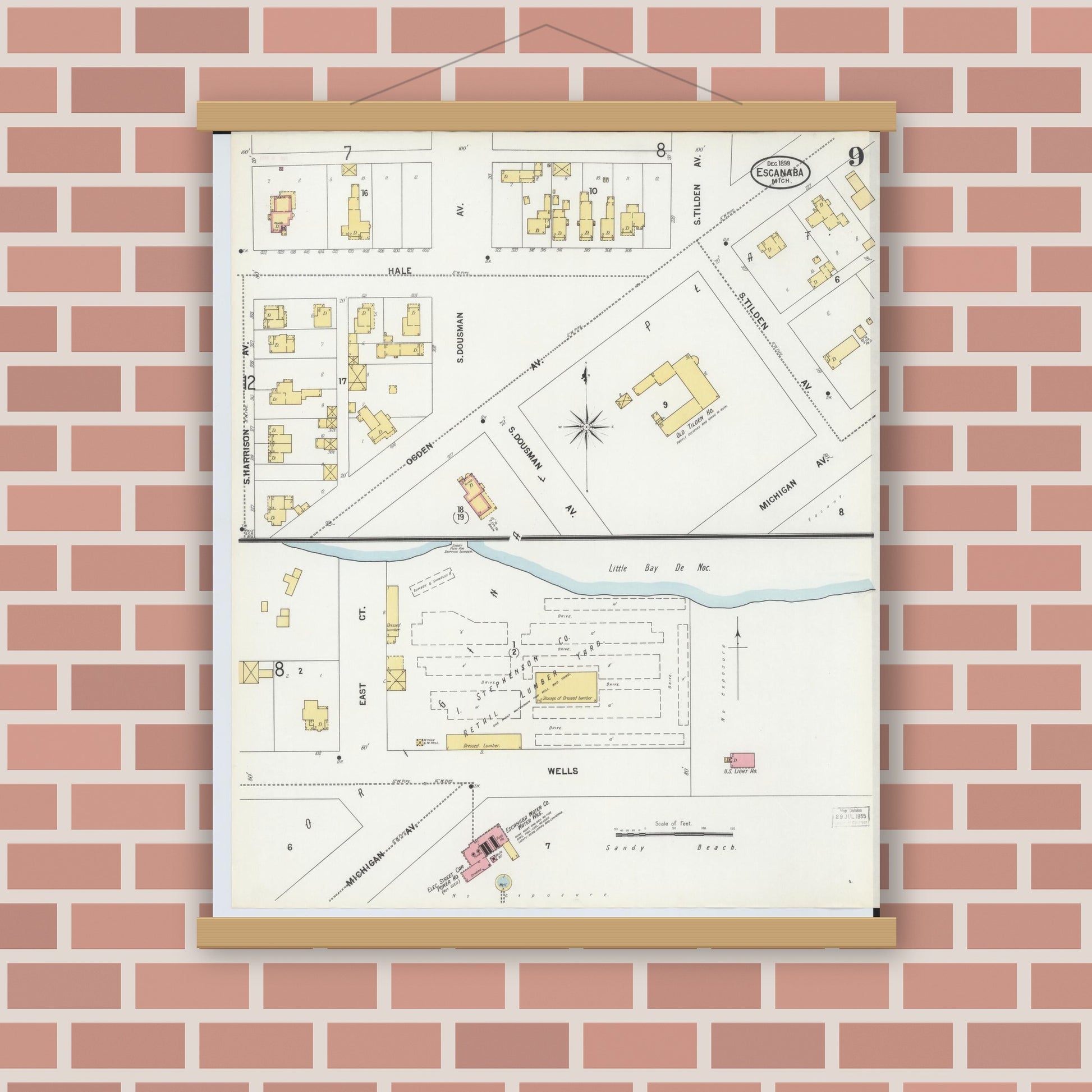 Old map wall art mockup — magnetic wood frame on brick wall — Sanborn Fire Insurance Map from Escanaba, Delta County, Michigan (1899), Sheet #0009