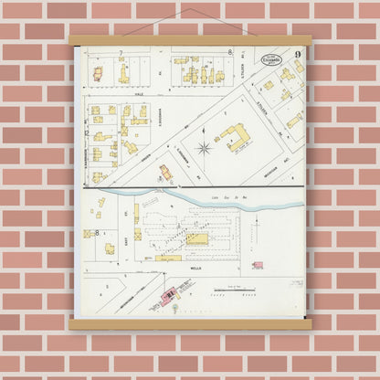 Old map wall art mockup — magnetic wood frame on brick wall — Sanborn Fire Insurance Map from Escanaba, Delta County, Michigan (1899), Sheet #0009